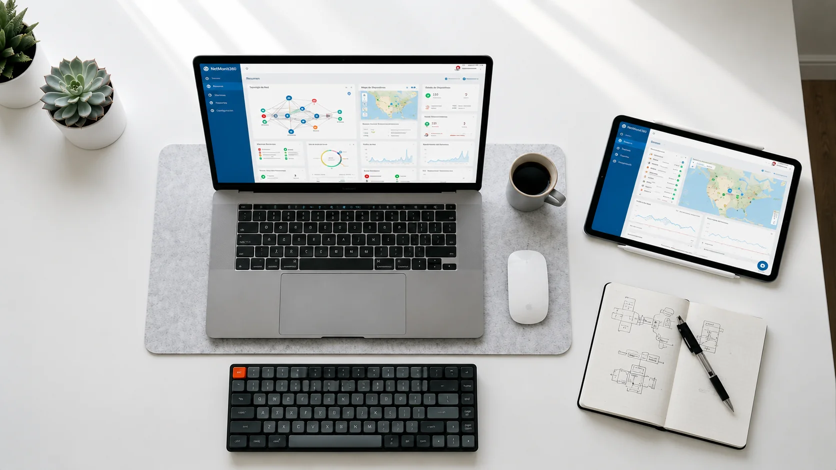 Espacio de trabajo minimalista de un ingeniero con laptop mostrando diagramas de red